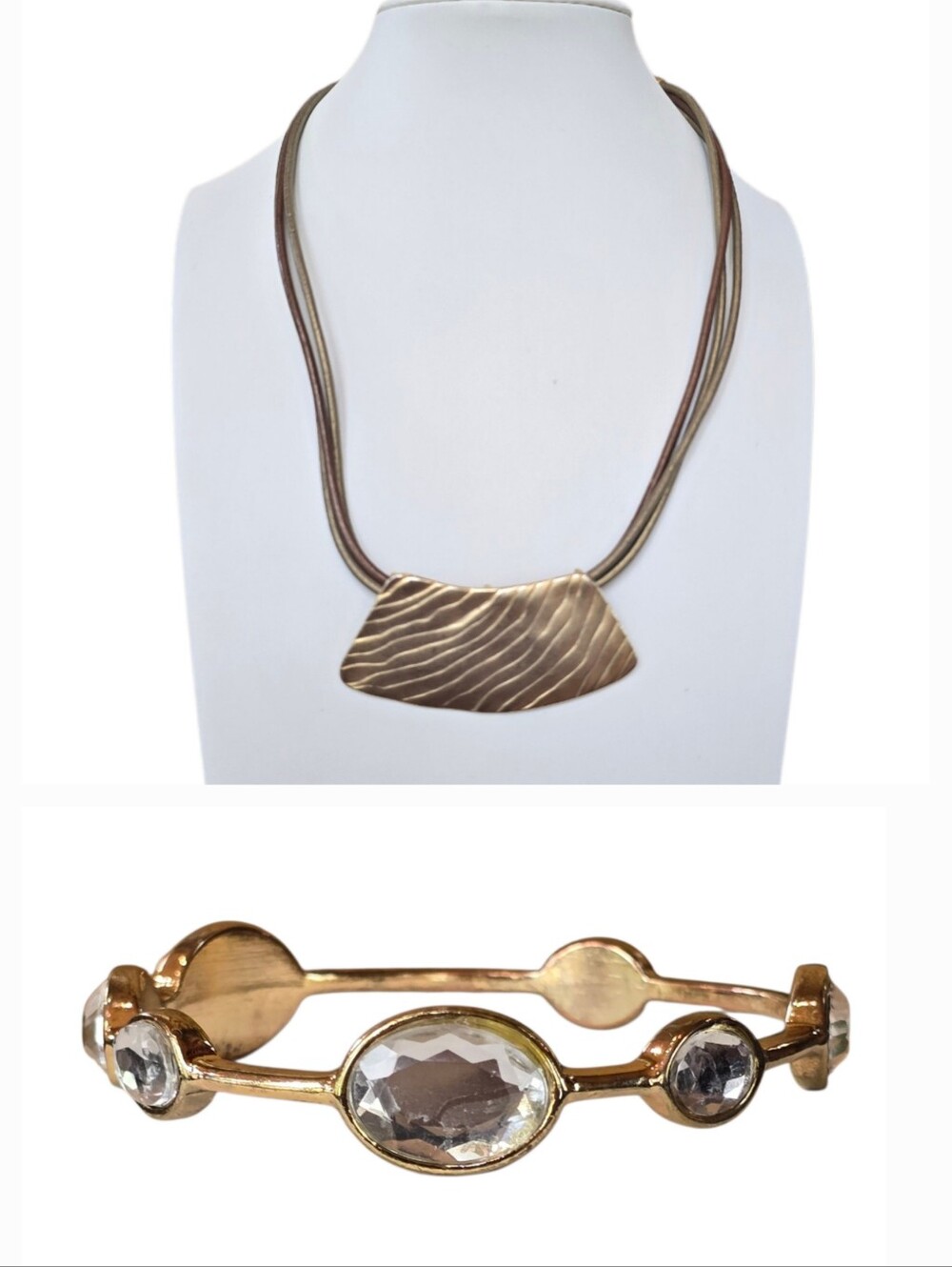 Chic's Leather Brushed Goldtone Boho Necklace Vintage Bracelet Bundle